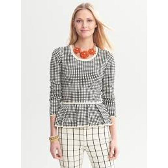 Banana Republic Petites XXSP Windowpane Peplum Sweater Cream Black Long Sleeves - Picture 1 of 9